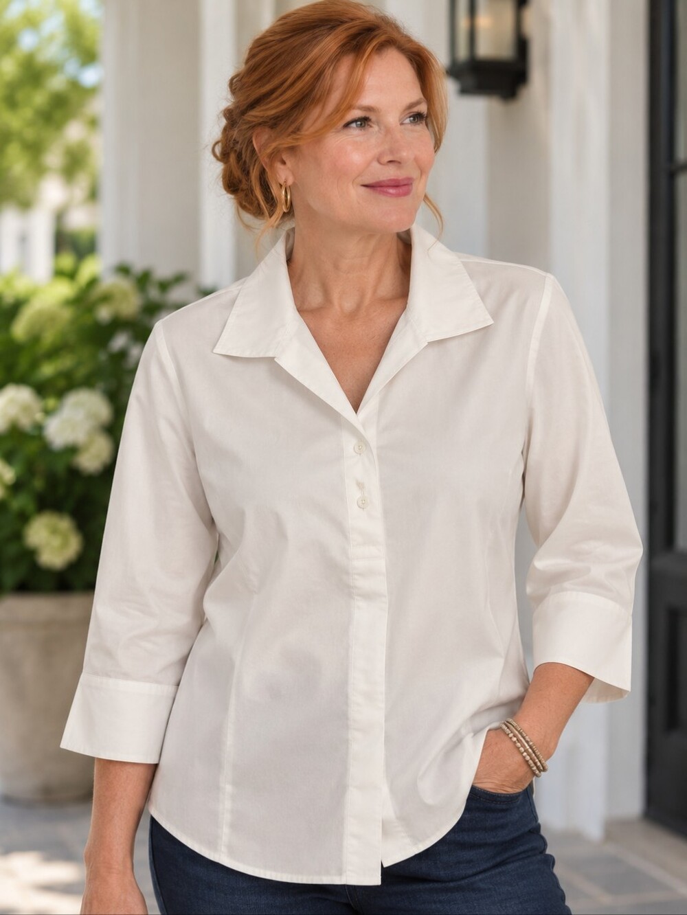 Chico's Size 3- XL White No Iron 100% Cotton Blouse 3/4 Sleeve 3 Button Placket